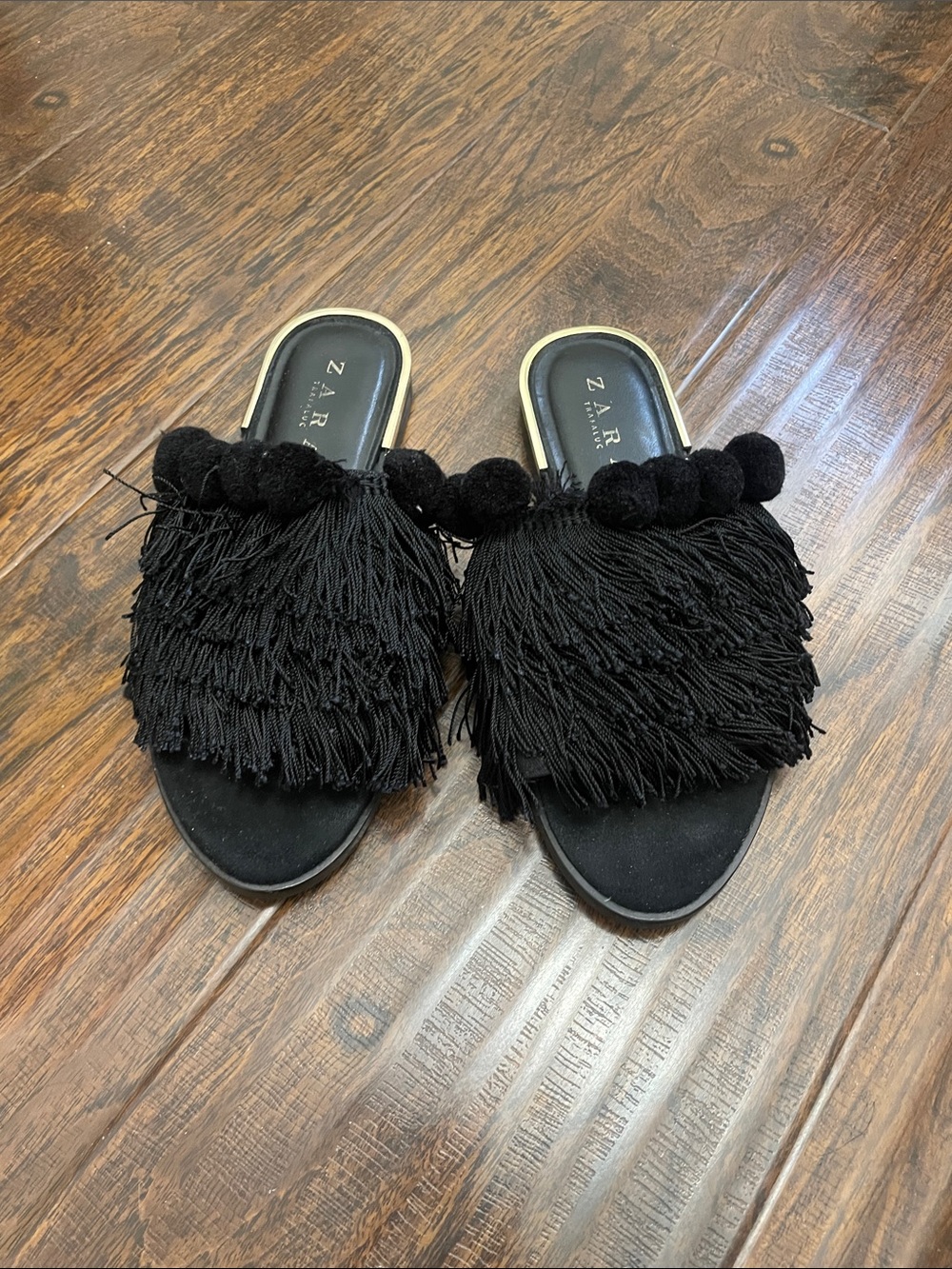 Zara Black Fringe Pom-Pom Slide Mules